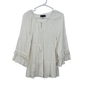 Melissa Paige White Peasant Tunic Blouse M Viscose 3/4 Sleeve Tassel Tie Detail